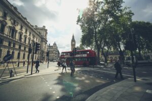 Retrofit on-road London bus city and tree scene